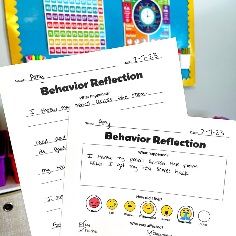 Printable behavior reflection sheets in a classroom.