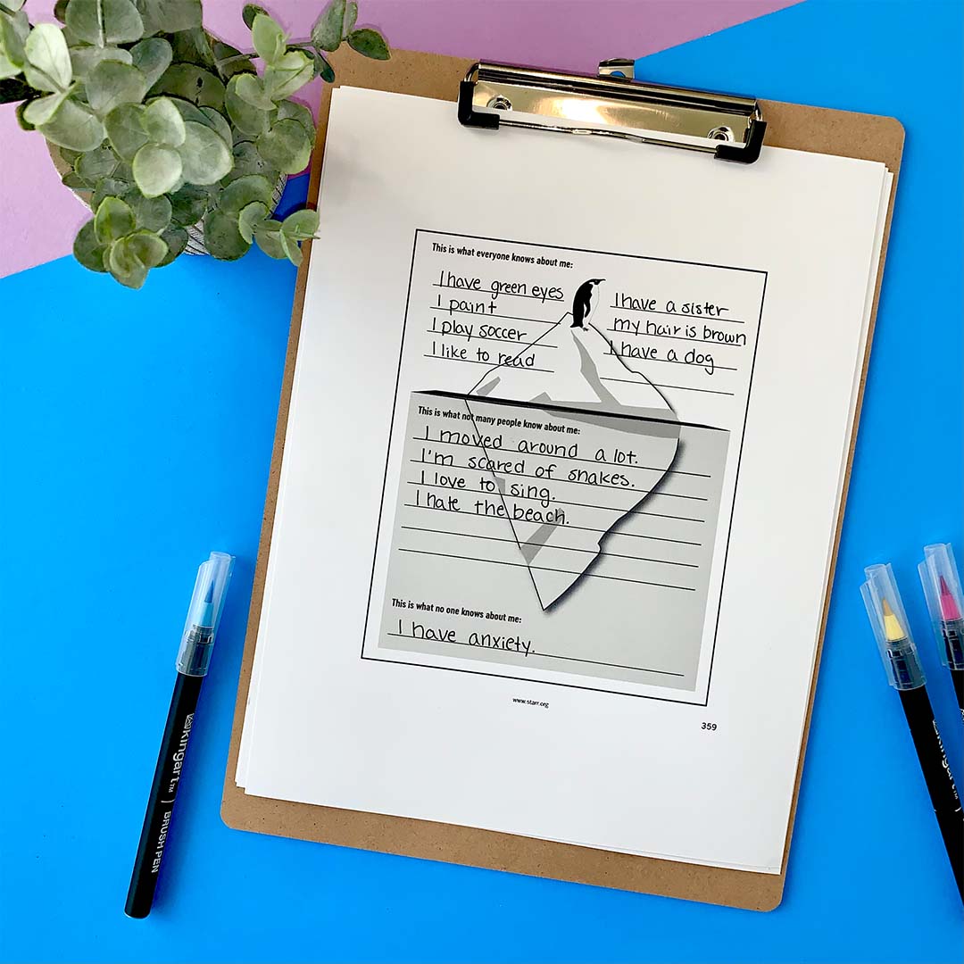 Picture of an iceberg with writing indicating what a student chooses to reveal about themselves to others