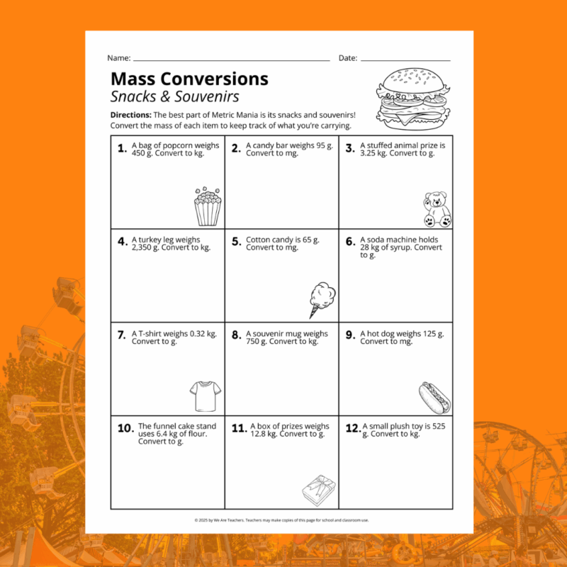 example of the mass worksheet in the metric conversion worksheet bundle