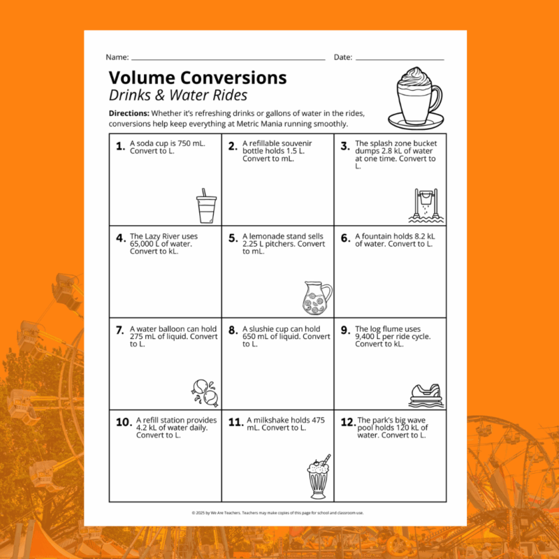 example of the volume worksheet in the metric conversion worksheet bundle