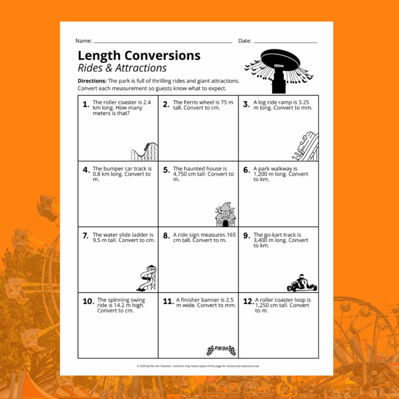 example of the length worksheet in the metric conversion worksheet bundle