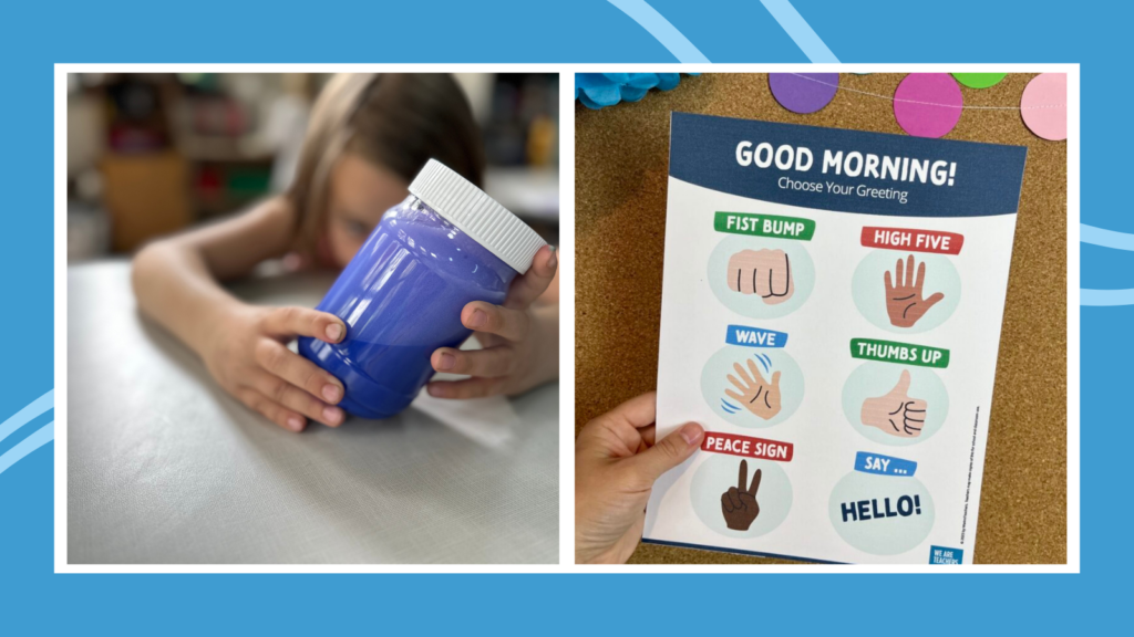 Examples of SEL activities for preschool and kindergarten including DIY calm down jars and greetings poster