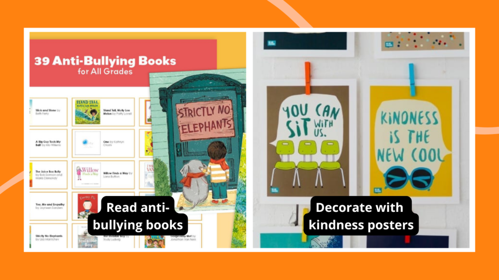 Examples of ways to celebrate National Bullying Prevention Month such as hanging posters and reading books.