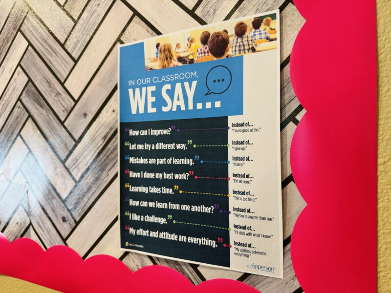 a growth mindset classroom poster on a bulletin board that promotes positive self-talk