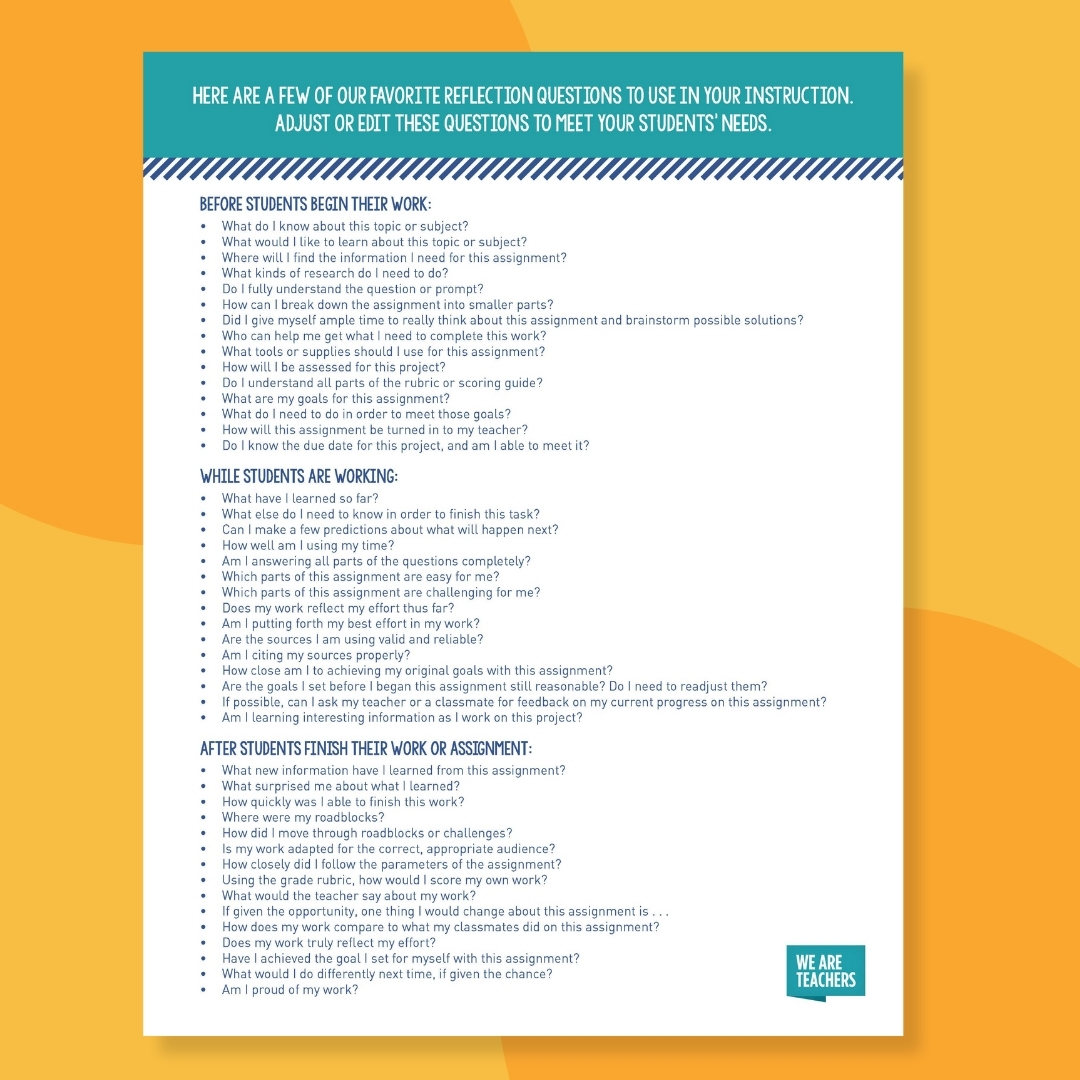 a mini poster of reflection questions for students