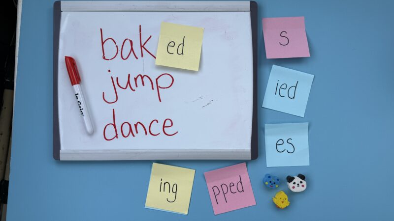 Construction paper with sticky notes and words baked, jump, dance on it