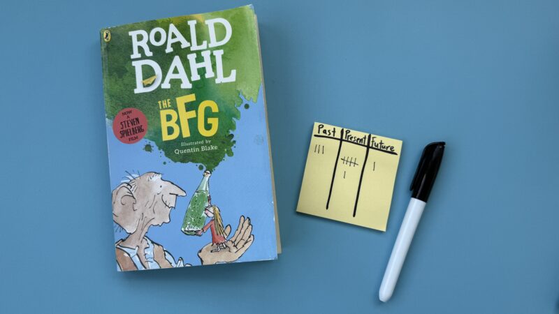 Roald Dahl book and sticky note with markings