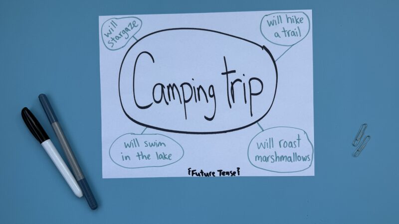 Construction paper with words camping trip written on it and 2 pens