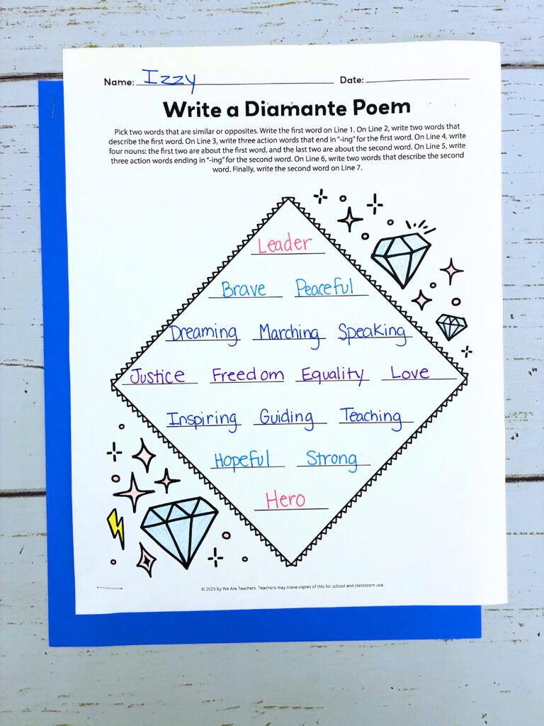 a student worksheet example of a Martin Luther King Jr. diamante poem