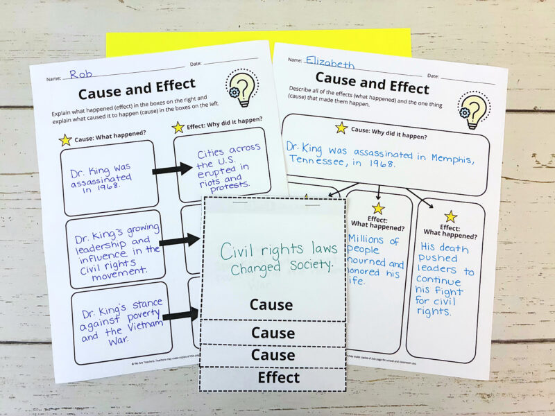 printable worksheets that have students complete the cause and effect events that led to Dr. King’s assassination
