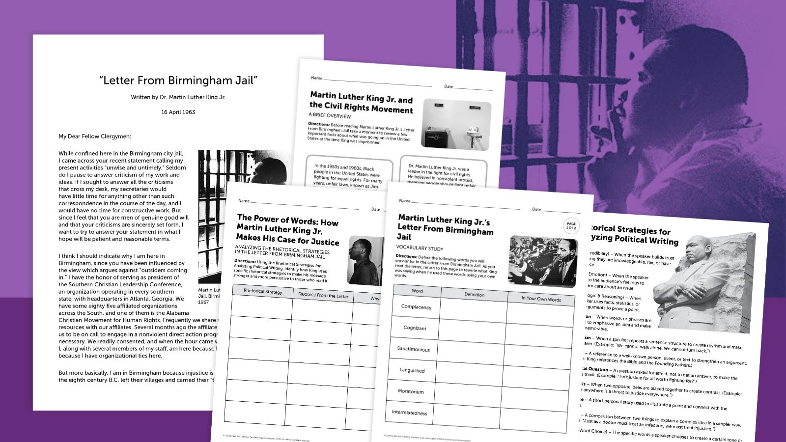 examples and blank student worksheets from Martin Luther King Jr.’s “Letter From Birmingham Jail” worksheet bundle