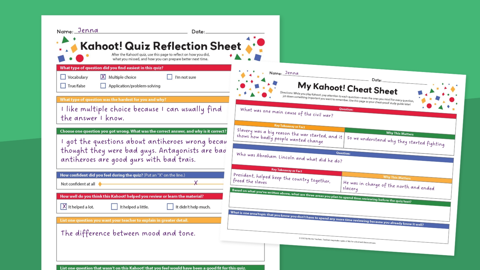 blank student Kahoot reflection worksheet