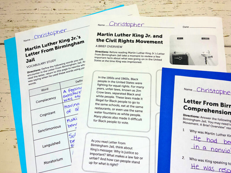 examples and completed student worksheets from Martin Luther King Jr.’s “Letter From Birmingham Jail” worksheet bundle
