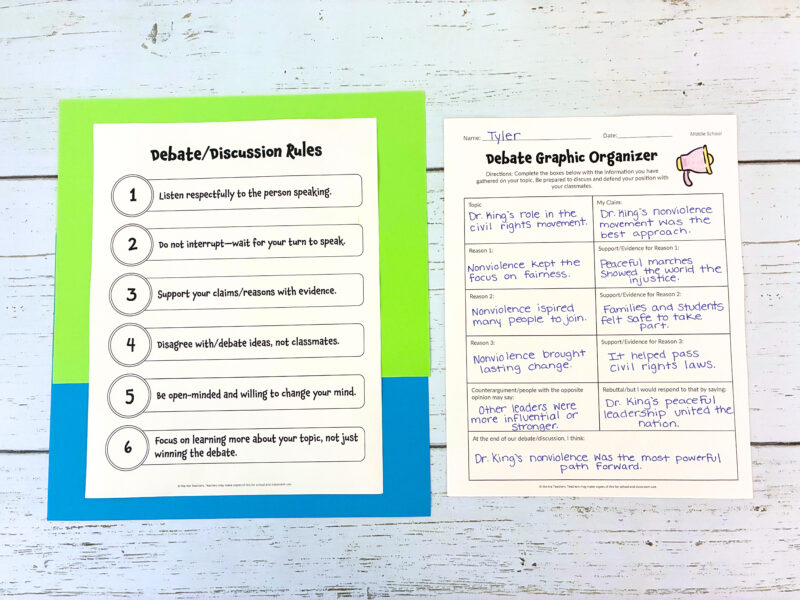 debate discussion rules poster and complete debate graphic organizer focusing on Martin Luther King Jr.
