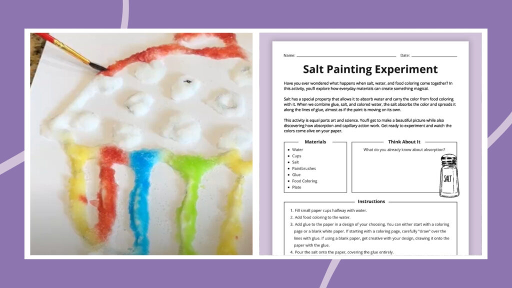 a printable image of a salt painting experiment with a salt painting example with lots of colors and a paint brush