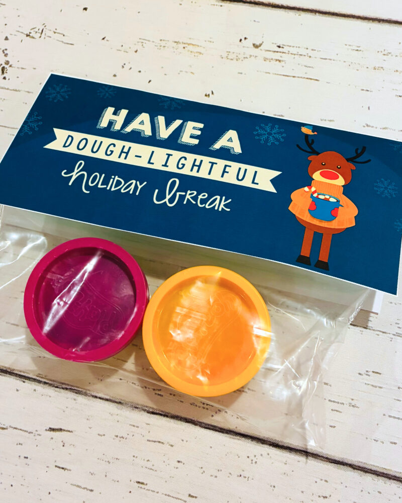 holiday gift tag example for a student craft gift called have a dough-lightful holiday break with a bag of two small playdough containers
