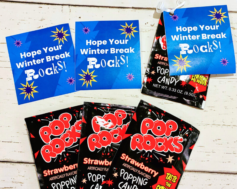 holiday gift tag example for a student gift that says hope your break rocks with packets of rockets