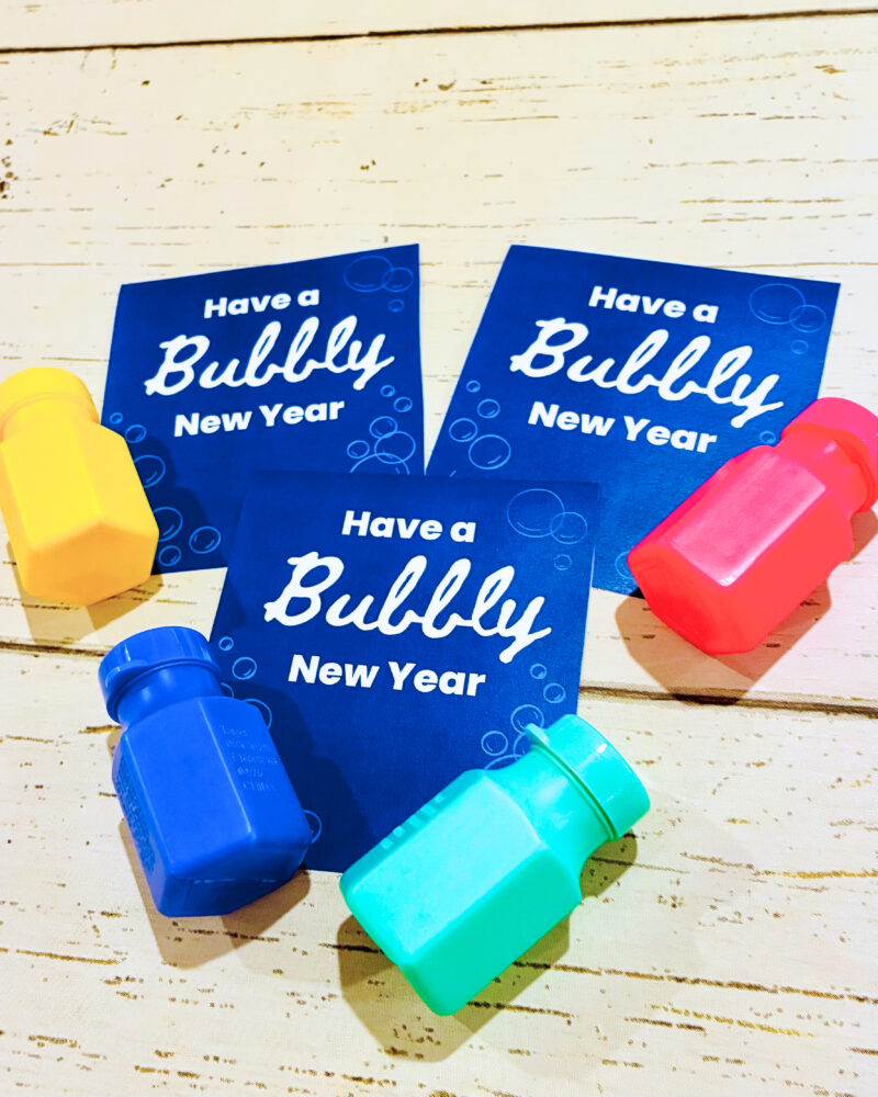 holiday gift tag example for a student gift called have a bubbly new year with mini bubbles