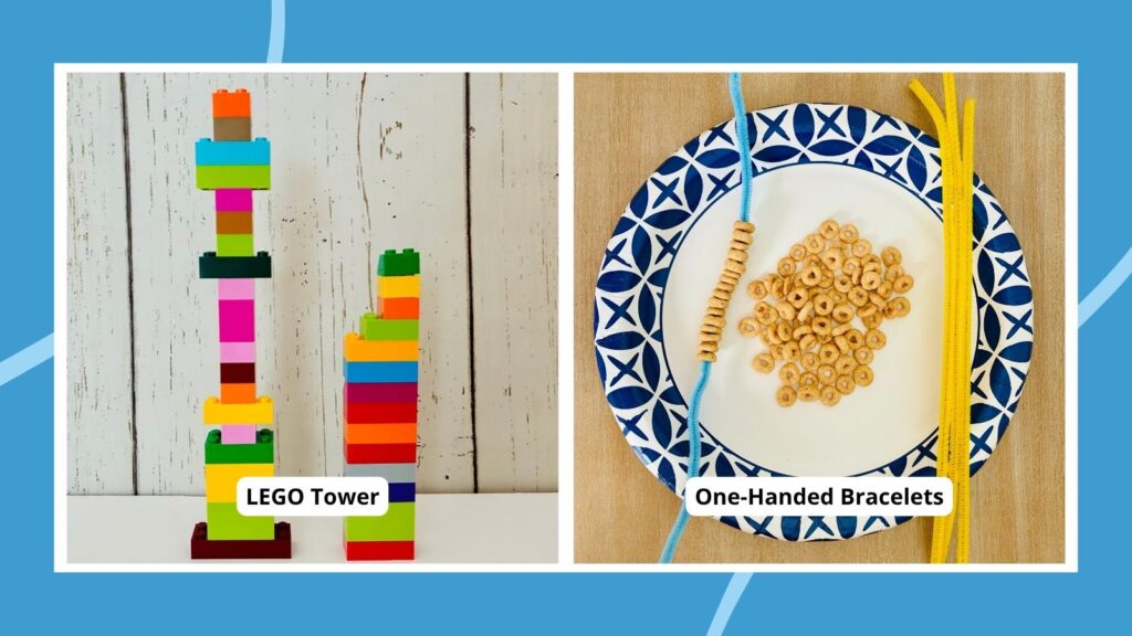 minute to win it game examples that include a lego tower challenge and a one-handed bracelet challenge with Cheerios