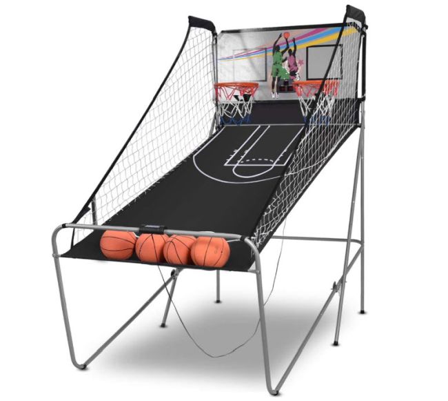 Carnival Games: Basketball Toss Side-by-side basketball hoops mounted on an inclined apparatus with four balls