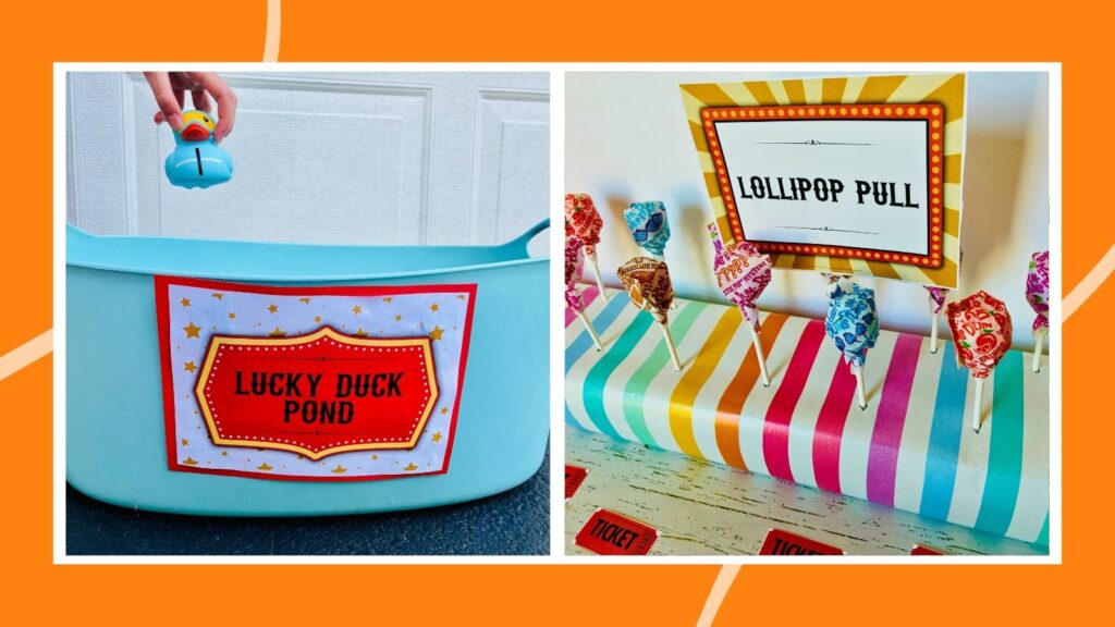 carnival games for kids examples that include lucky duck pond and lollipop pull