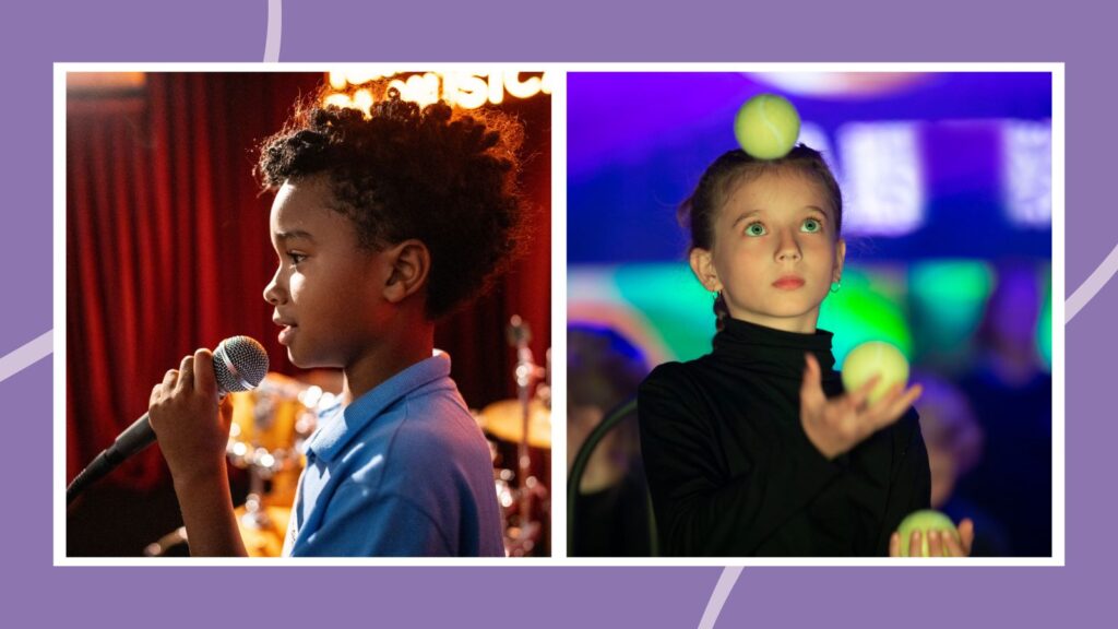 talent show ideas that include photos of students singing on stage and juggling