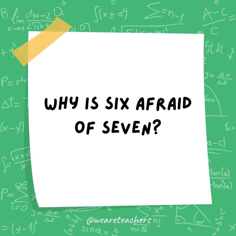 Why is six afraid of seven? Because seven eight nine!- math jokes Why is six afraid of seven? Because seven eight nine!- math jokes