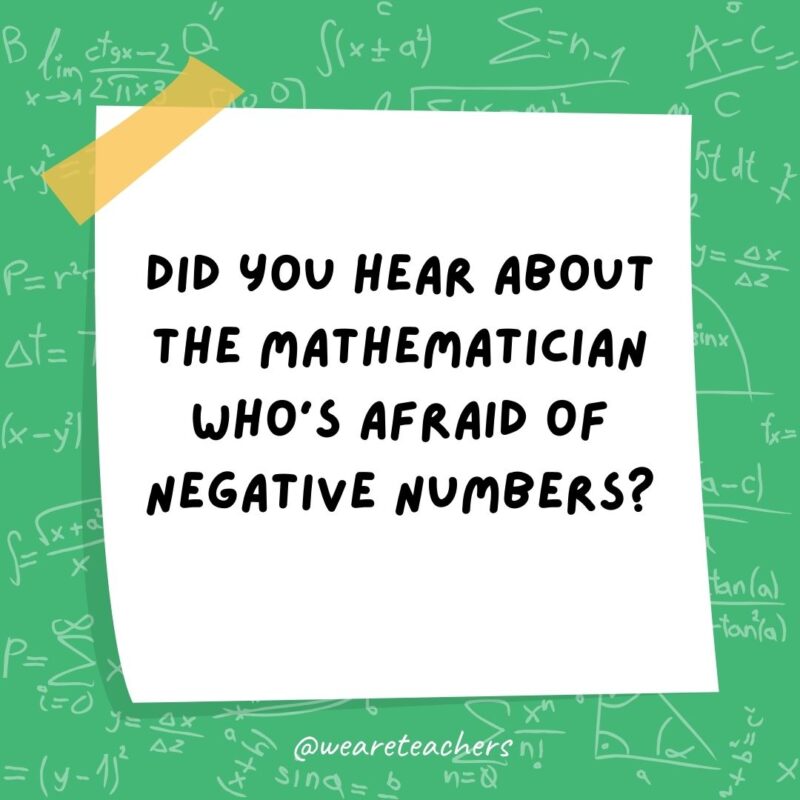 Did you hear about the mathematician who’s afraid of negative numbers? He’ll stop at nothing to avoid them. – math jokes Did you hear about the mathematician who’s afraid of negative numbers? He’ll stop at nothing to avoid them. - math jokes