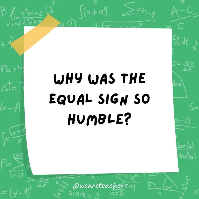 Why was the equal sign so humble? He knew he wasn’t less than or greater than anyone else. – math jokes Why was the equal sign so humble? He knew he wasn't less than or greater than anyone else. - math jokes