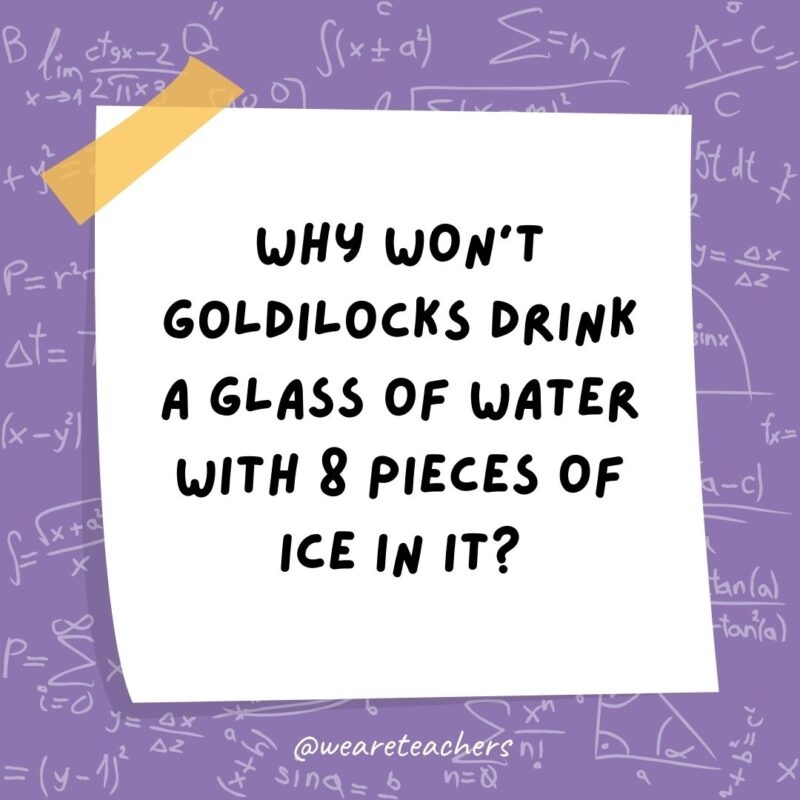 Why won’t Goldilocks drink a glass of water with 8 pieces of ice in it? It’s too cubed. – math jokes Why won't Goldilocks drink a glass of water with 8 pieces of ice in it? It's too cubed. - math jokes