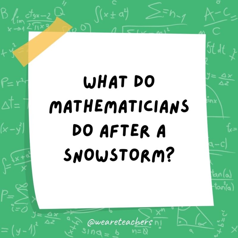 What do mathematicians do after a snowstorm? Make snow angles! What do mathematicians do after a snowstorm? Make snow angles!