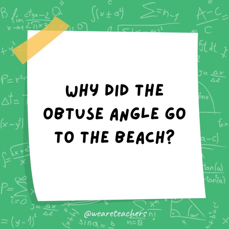 Why did the obtuse angle go to the beach? Because it was over 90 degrees. Why did the obtuse angle go to the beach? Because it was over 90 degrees.