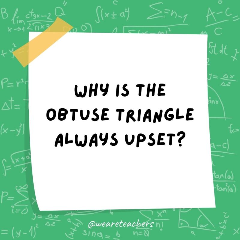 Why is the obtuse triangle always upset? Because it is never right. Why is the obtuse triangle always upset? Because it is never right.