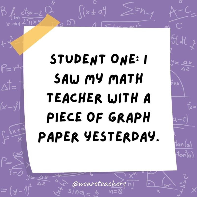 student One: I saw my math teacher with a piece of graph paper yesterday. Student Two: She must be plotting something. student One: I saw my math teacher with a piece of graph paper yesterday. Student Two: She must be plotting something.