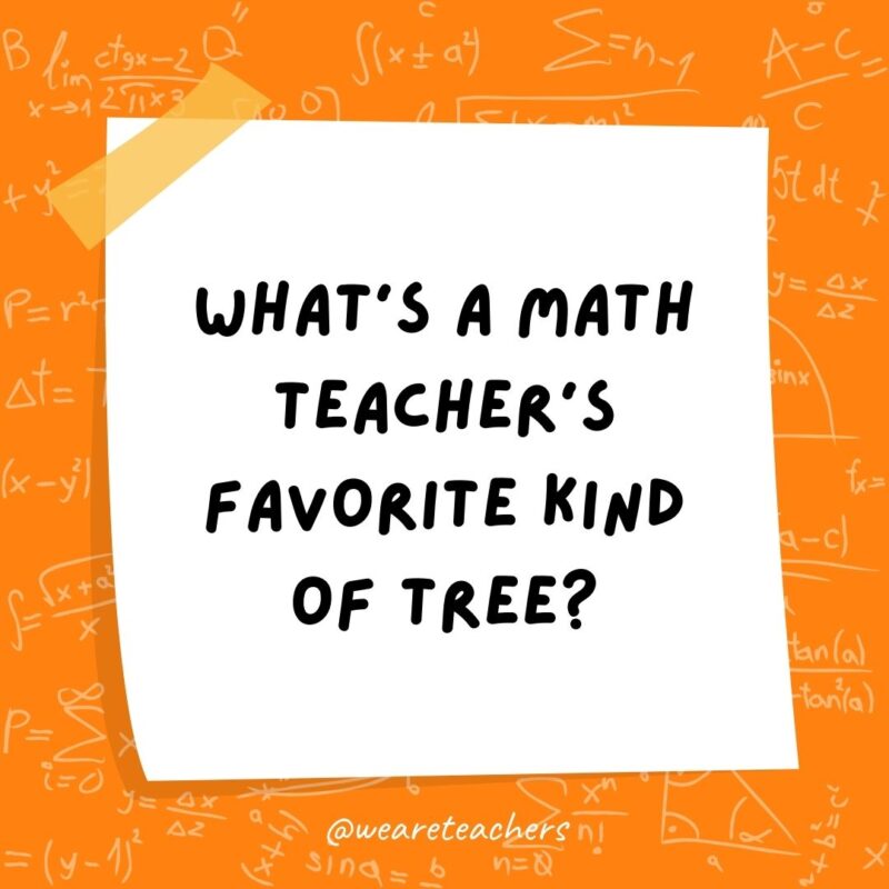 What’s a math teacher’s favorite kind of tree? Geometry. What’s a math teacher’s favorite kind of tree? Geometry.
