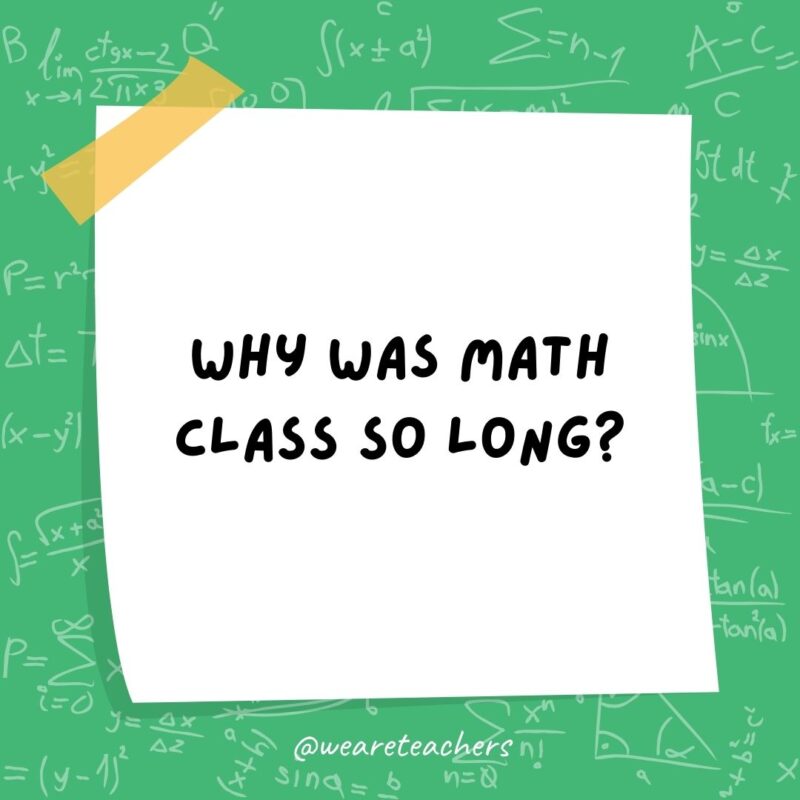 Why was math class so long? The teacher kept going off on a tangent.- math jokes Why was math class so long? The teacher kept going off on a tangent.- math jokes