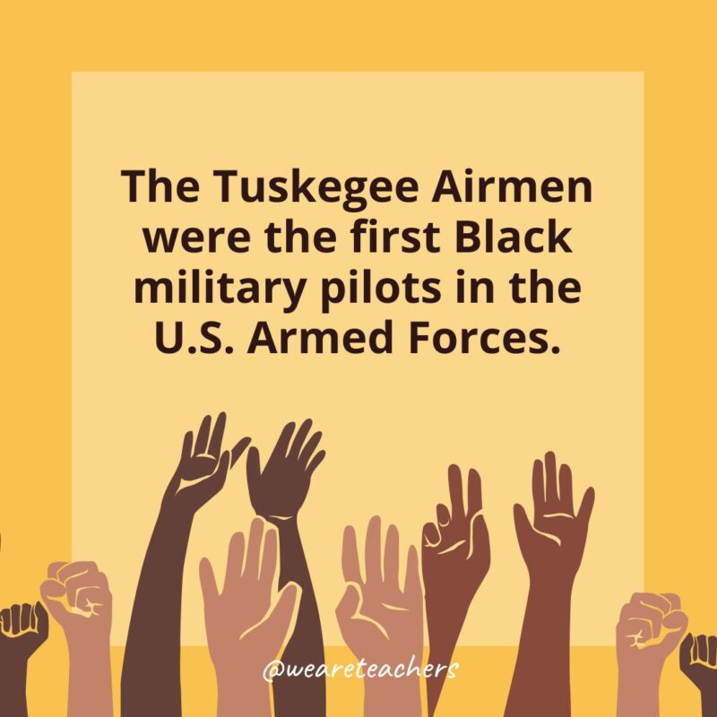 Black History Month Facts a card with a Black History Month that states: The Tuskegee Airmen were the first Black military pilots in the U.S. Armed Forces.