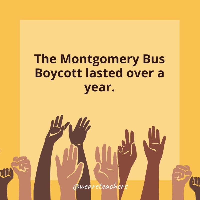 Black History Month Facts a card with a Black History Month that states: The Montgomery Bus Boycott lasted over a year.