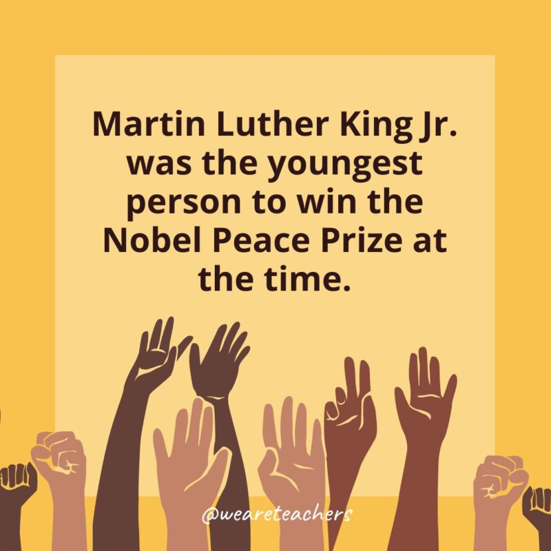 Black History Month Facts a card with a Black History Month that states: Martin Luther King Jr. was the youngest person to win the Nobel Peace Prize at the time.