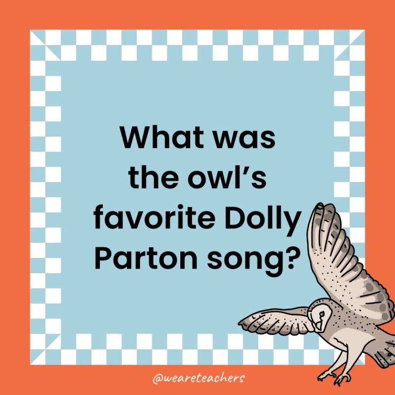 a joke that states: What was the owl’s favorite Dolly Parton song?