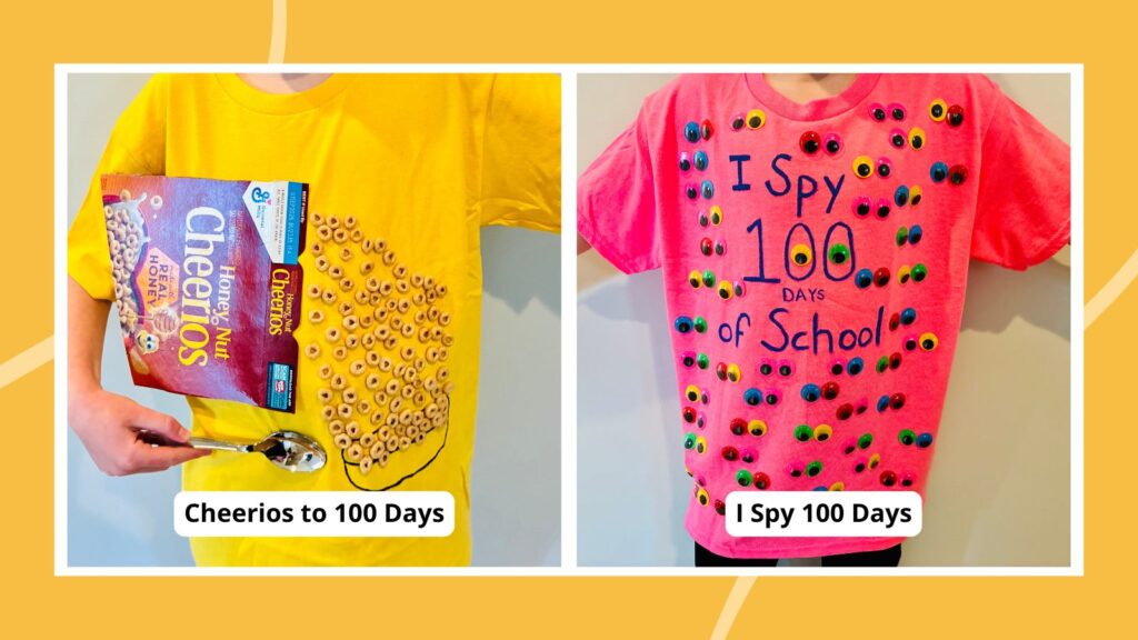 two examples of DIY shirts to celebrate 100 days of school: i spy 100 days and cheerios to 100 days