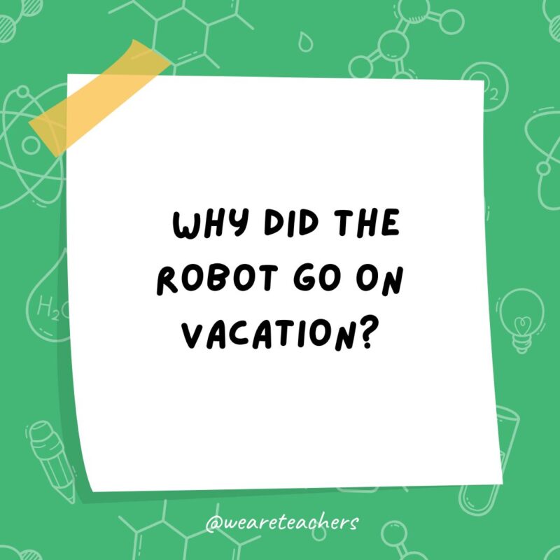 a post it note clipart with the joke: why did the robot go on vacation?
