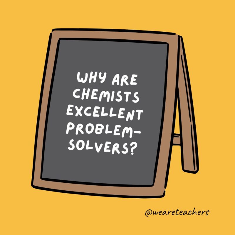 an image of a chalkboard with the following joke for teens: Why are chemists excellent problem-solvers?