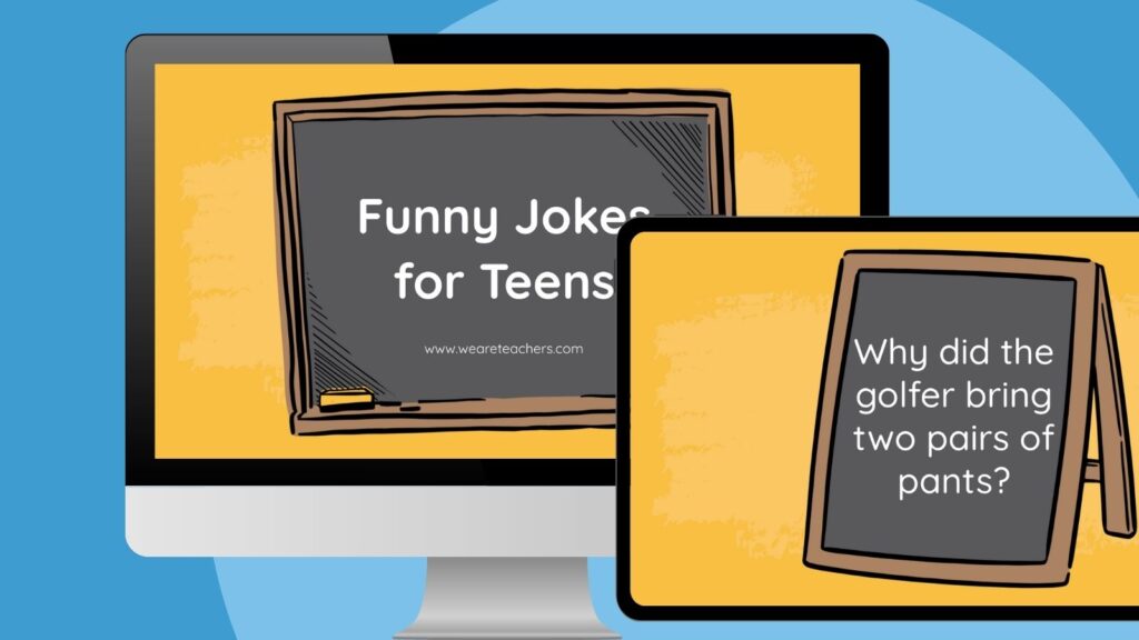 a computer and ipad screen with an example slide from the free jokes for teens google slides