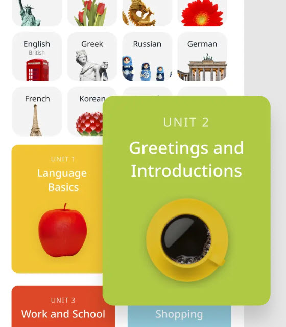 Screenshots from Rosetta Stone language learning app