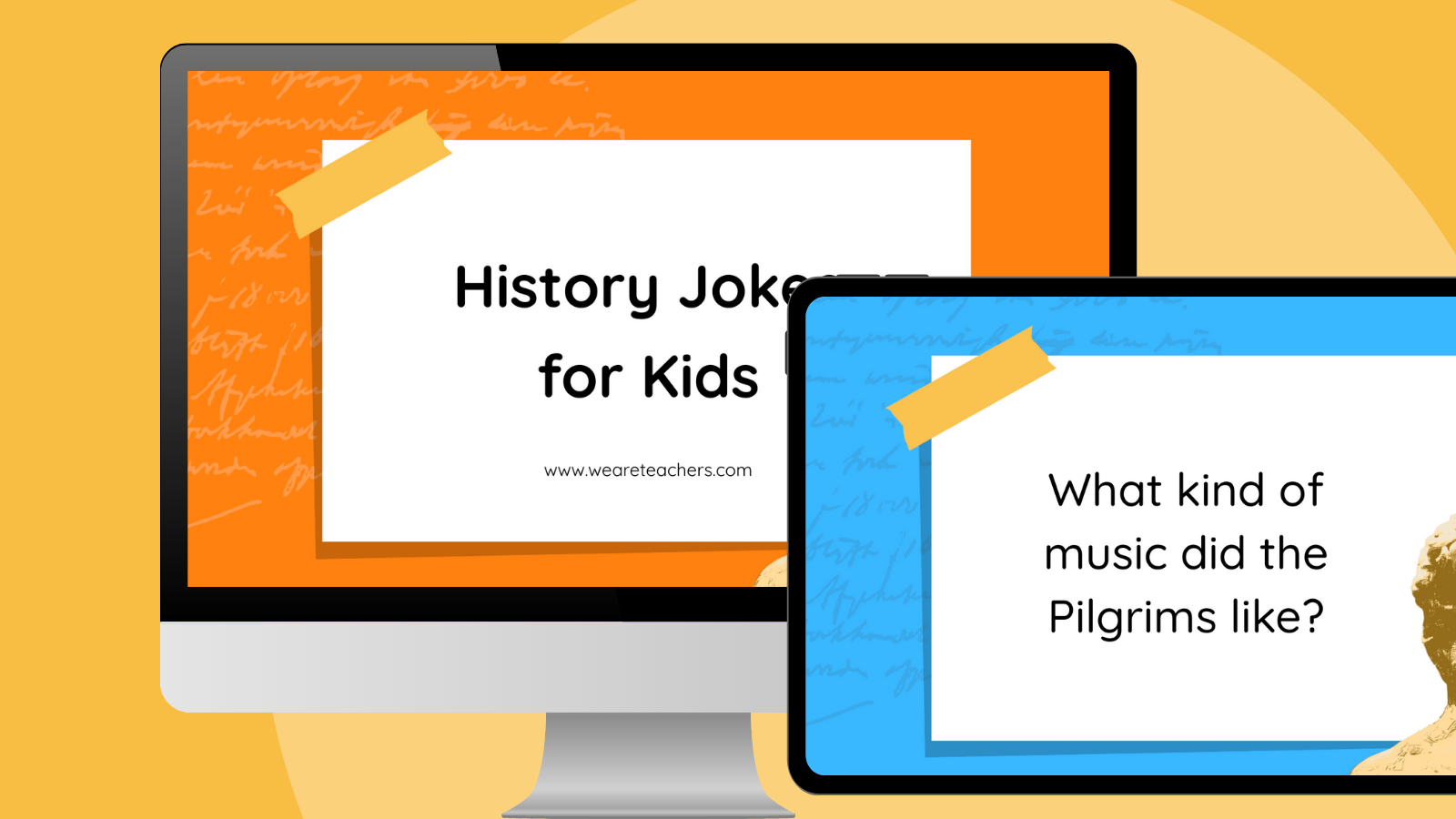 an image of a computer and ipad screen featuring history jokes for kids Google Slides