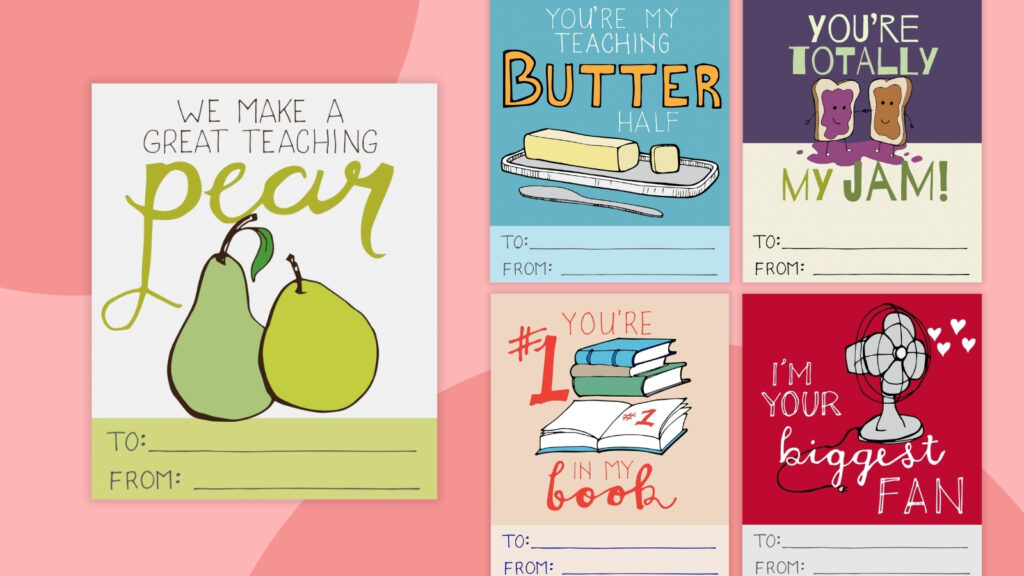 an image of five different printable valentines for teachers and students