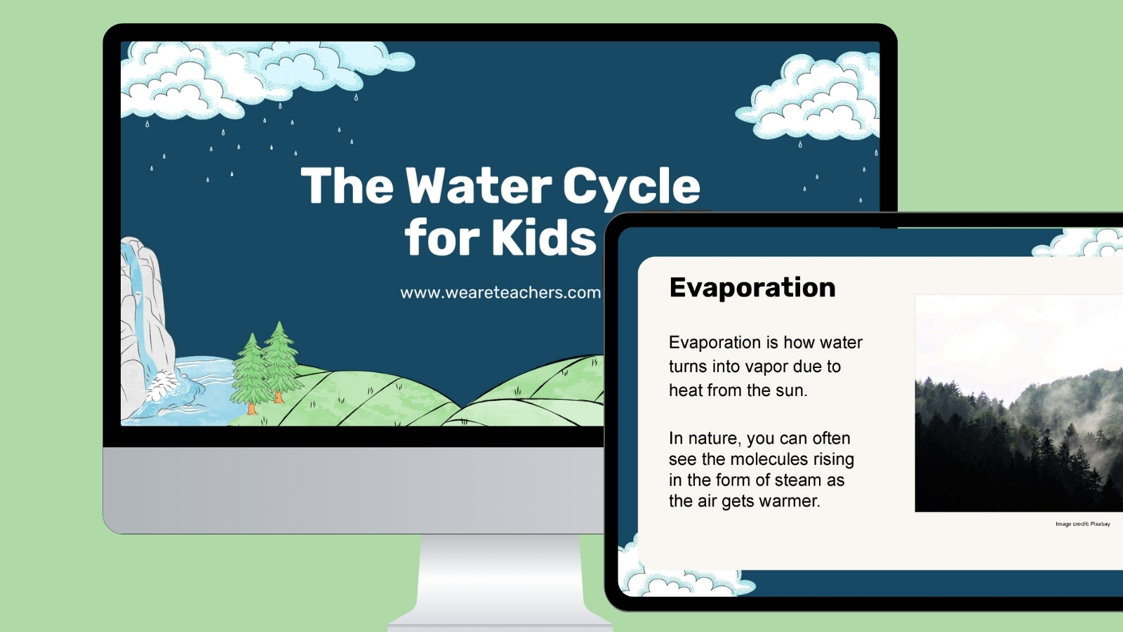 The Water Cycle for Kids computer screen and tablet featuring slides about the water cycle for kids.