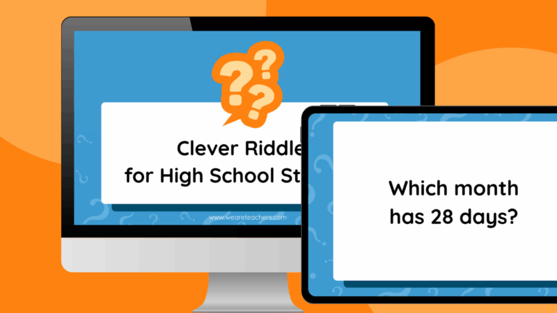 an image of a computer and ipad screen featuring riddles for high school students with two example slides
