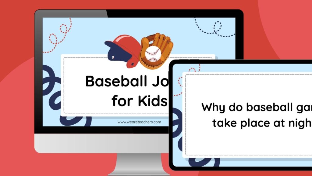 an image of a computer and ipad screen featuring two baseball jokes slides